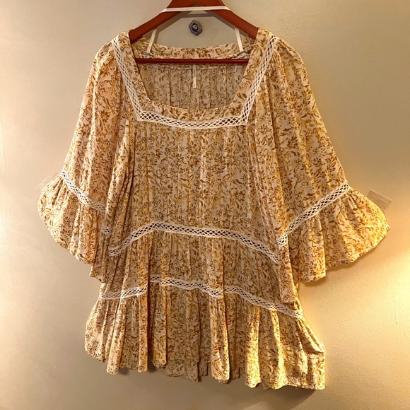 Free People Lace Floral Tunic Babydoll 3/4 Sleeve Tiered Mini Dress--Size S/P - Picture 1 of 10
